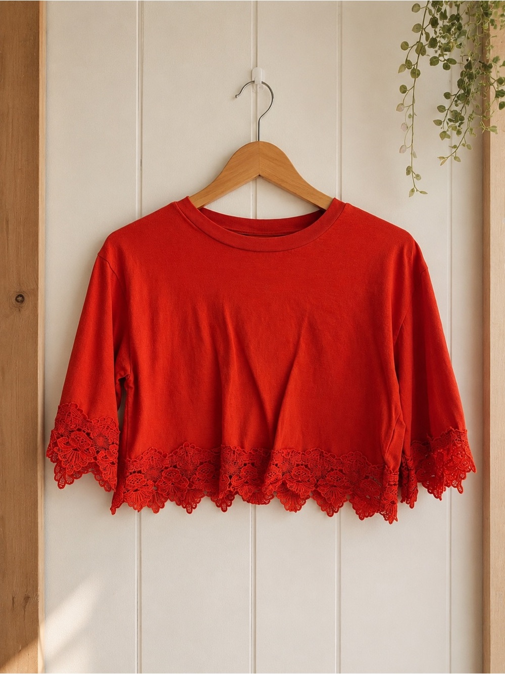 Topshop Red Cropped Lace-Hem Top